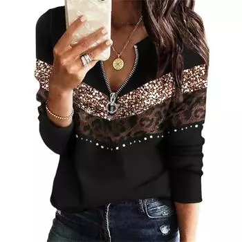 Весенний свитер с длинными рукавами, воротником-стойкой, застежкой-молнией и геометрическим принтом S чёрный/серый