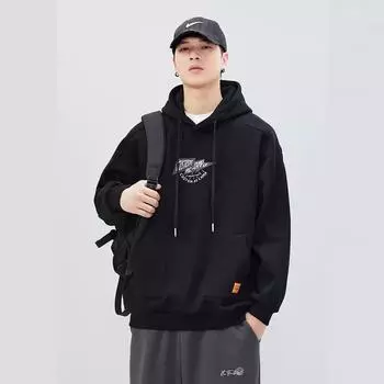 Весенний свитер с капюшоном мужской утолщенный свободный большой размер модный бренд молодежная черная мужская нижняя рубашка пуловер куртка M чёрный