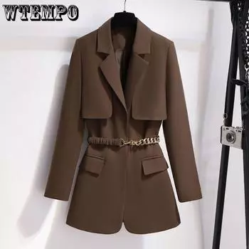 Весенний свободный костюм, верхнее женское пальто с запахом на талии, женское M чёрный