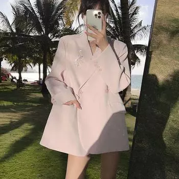 Весенний свободный розовый универсальный женский пиджак в британском стиле розового цвета M розовый