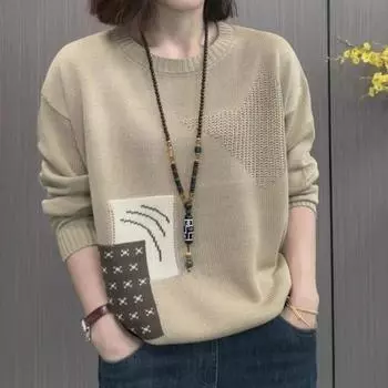 Весенний свободный свитер, вязаный свитер для мам, свободная повседневная модная и универсальная базовая рубашка S жёлтый