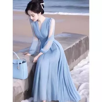 Весенний темперамент Пляж и пляжный отдых Нежный стиль Синее шифоновое платье L синий