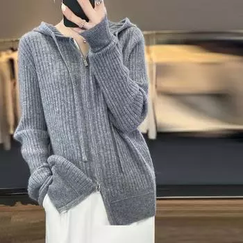 Весенний тонкий кашемировый кардиган с капюшоном, женская куртка-свитер на двойной молнии XXL серый