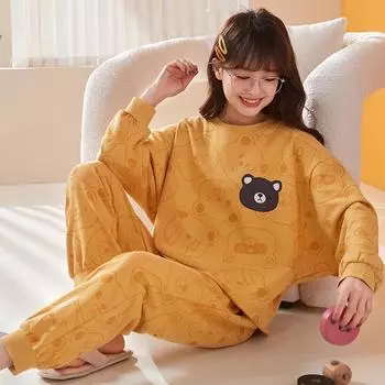 Весенний тонкий комплект из 2 предметов пижамы женские топы осень хлопок круглый вырез для девочек пижамы комплекты мультфильм пижамы одежда пижамы M