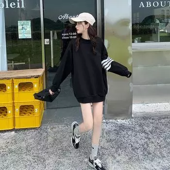 Весенний тонкий студенческий парный серый свитер, женский пуловер с принтом, свободное и ленивое пальто средней длины с круглым вырезом S чёрный