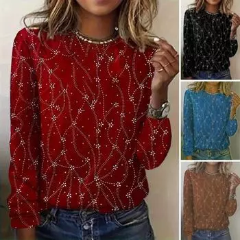 Весенний топ Woem с маленьким цветочным принтом и круглым вырезом, с длинными рукавами, мягкая дышащая повседневная свободная женская футболка средней длины на каждый день M красный