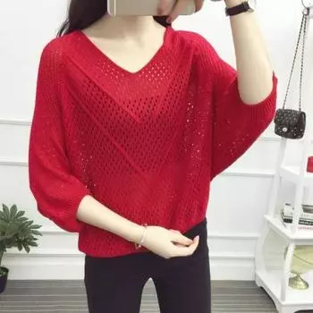 Весенний топ женский свободный джемпер с бисером и гвоздями со средним рукавом базовая рубашка весна/лето тонкий ажурный вязаный свитер M зелёный