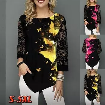 Весенний тренд Женская мода Повседневная рубашка с длинными рукавами и принтом в виде бабочек с круглым вырезом и блузками Нестандартные туники Топы S жёлтый