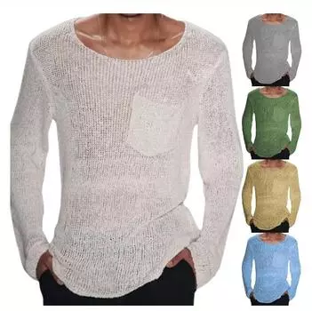 Весенний трикотаж мужской однотонный длинный рукав карман вязаный свитер футболки уличная мужская мода топы больших размеров XXL белый