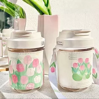 Весенний Тюльпан Парфюм Чашка Net Celebrity Высококачественная Посыльная Чашка со Стеклянной Чашкой с Соломенной Чашкой 400ml leather case