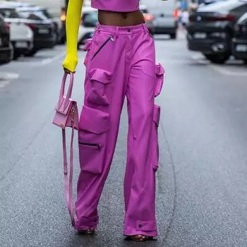 Весенний уличный тренд, многокарманные ПУ-образные брюки Sense с высокой талией, узкие прямые женские свободные комбинезоны M розовый