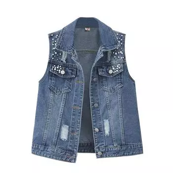 Весенний универсальный джинсовый жилет с бисером больших размеров, женский свободный индивидуальный модный жилет, куртка, пальто S синий