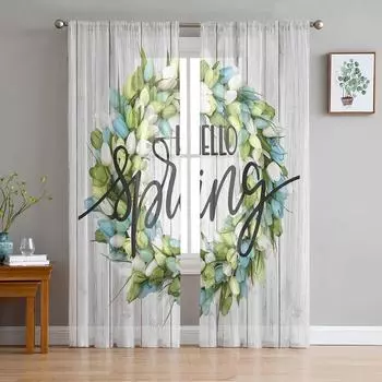 Весенний венок из тюльпанов, прозрачные шторы с текстурой древесины для гостиной, спальни, детской комнаты, тюлевые занавески для окон 135W x 114H(cm)