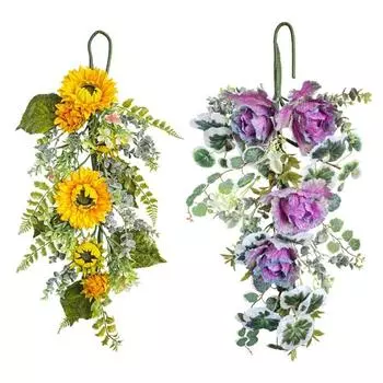 Весенний венок Подвесные пластиковые цветы Искусственный цветок Подсолнухи Венок Уличный Декор для входной двери Стены Окна Моделирование Праздничный венок для торжества жёлтый