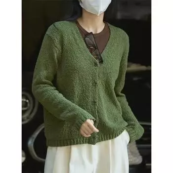 Весенний винтажный вязаный кардиган с V-образным вырезом, женский, с текстурой, свободный, простой, повседневный, с длинным рукавом, женский One Size чёрный