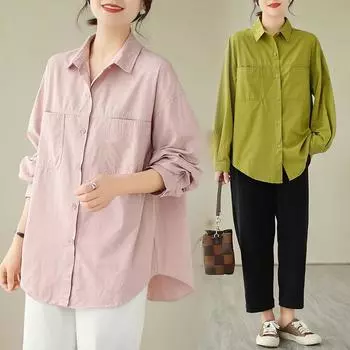 Весенний воротник Повседневный свободный утягивающий корейский стиль Художественная рубашка Топ куртка для женщин Рубашки M розовый