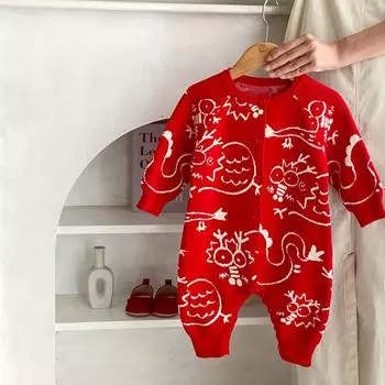 Весенний вязаный детский комбинезон для младенцев с рисунком из мультфильма, жаккардовый трикотажный комбинезон, модный унисекс для новорожденных, трикотажный комбинезон, пижама bafanou S162 66cm(3-6M) красный