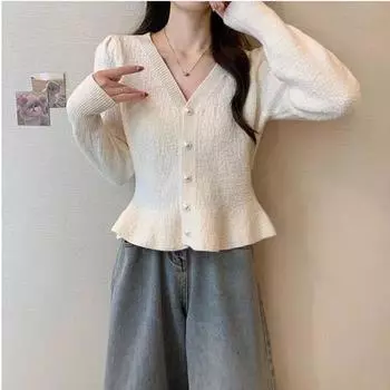 Весенний вязаный кардиган с подолом русалки, женский новый корейский модный свитер с длинными рукавами и V-образным вырезом с жемчужной пряжкой, женская куртка One size красный