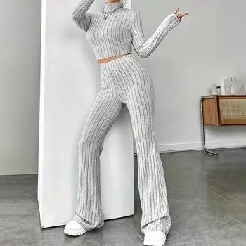 Весенний вязаный комплект с длинными рукавами, толстовка, свободные брюки, комплект из двух предметов XL чёрный