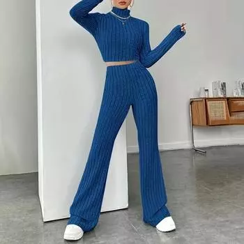 Весенний вязаный комплект с длинными рукавами, толстовка, свободные брюки, комплект из двух предметов XL чёрный