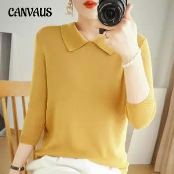 Весенний вязаный свитер, женский трикотаж, модная верхняя одежда, рубашка с кукольным вырезом и средними рукавами