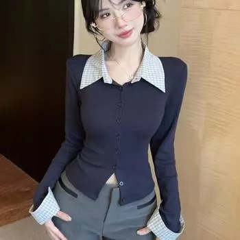 Весенний женский кардиган из двух частей с имитацией шитья, трикотажный, облегающий, с коротким воротником-поло и длинными рукавами S темно-синий