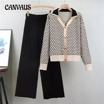 Весенний женский клетчатый V-образный вырез стиль вязаный кардиган модные широкие брюки комплект из двух частей one size чёрный