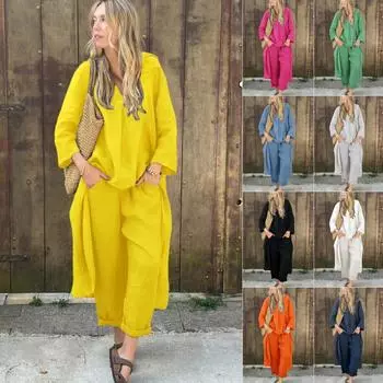 Весенний женский комплект из 2 предметов: рубашка больших размеров, свободные брюки с высокой талией S оранжевый