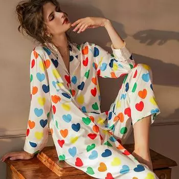 Весенний женский комплект пижамы, осенний атласный комплект с длинным рукавом, отложной воротник, искусственный шелк, белое сердце, женская пижама, домашняя одежда, одежда M