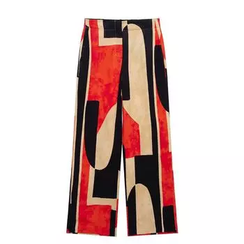 Весенний женский комплект с принтом: рубашка и брюки прямого кроя, 2025 Small красный