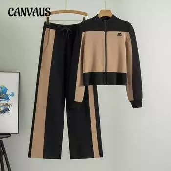 Весенний женский короткий повседневный свитер, новый вязаный кардиган, широкие брюки, комплект из двух предметов one size хаки