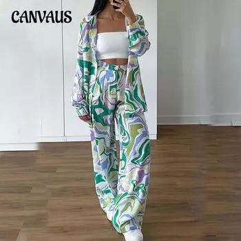 Весенний женский костюм-рубашка, свободная рубашка с принтом, длинные брюки, модный повседневный костюм S