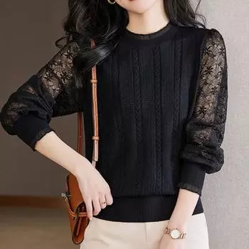 Весенний женский кружевной свитер с рукавами-фонариками, крючком и цветочным узором, тонкий трикотажный свитер с черным воротником-грибком, короткий топ S чёрный