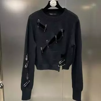 Весенний женский модный круглый вырез с длинным рукавом, рваный свитер с украшением в виде булавки L чёрный