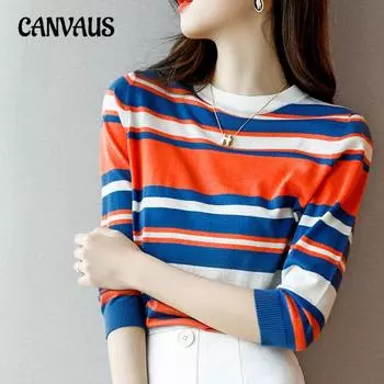 Весенний женский модный трикотаж с круглым вырезом в полоску, мягкий, приятный для кожи, модный топ One Size красный/синий