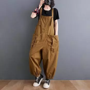 Весенний женский однотонный комбинезон с большими карманами XXL серый