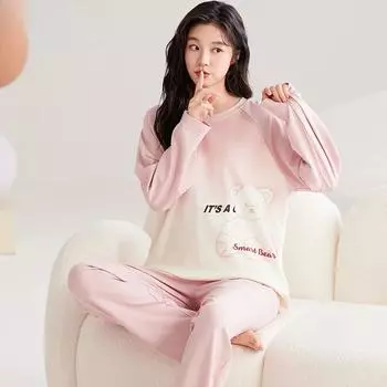 Весенний женский пижамный комплект, милый розовый с длинными рукавами, ночная рубашка с пандой для девочек, женский домашний костюм, пижама, пуловер, домашняя одежда M