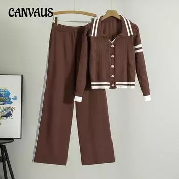 Весенний женский полосатый контрастный цвет вязаный кардиган топ высокая талия широкие брюки два предмета костюм one size кофейный
