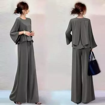 Весенний женский повседневный костюм с круглым вырезом, расклешенным топом с длинными рукавами, расклешенными брюками, костюм из двух частей L серый