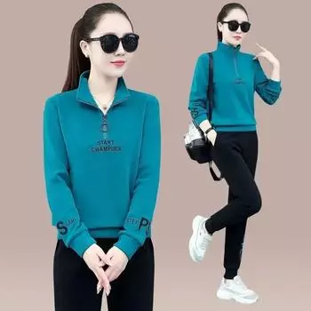 Весенний женский повседневный спортивный костюм, толстовка с воротником-стойкой, повседневные брюки, комплект из двух предметов XXXXL чёрный