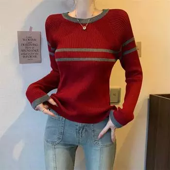 Весенний женский пуловер с длинным рукавом, свитер для женщин с круглым вырезом, повседневный, тонкий, в винтажную полоску, цветные свитера, осенний топ one size серый