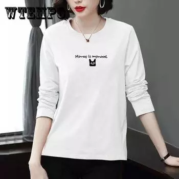 Весенний женский пуловер с принтом кота, рубашка с длинным рукавом, повседневная свободная футболка, бутиковая нижняя рубашка XXL кафе