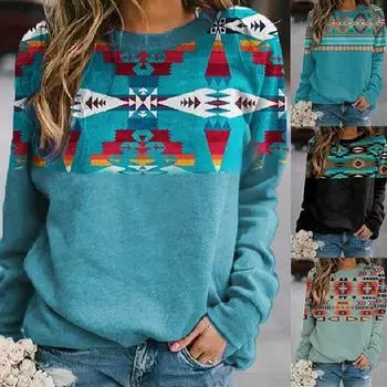 Весенний женский ретро-вестерн этнический геометрический принт женский длинный рукав повседневный пуловер S зелёный