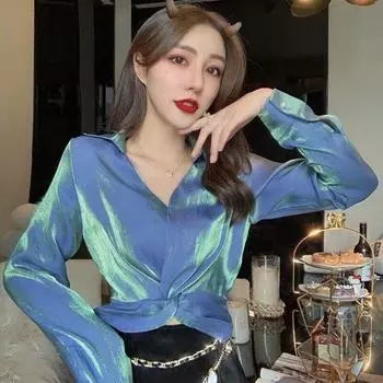 Весенний женский синий сексуальный топ с v-образным вырезом, женский однотонный топ с длинными рукавами и завязками на талии, стильная женская блузка S