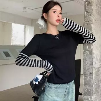 Весенний женский свитер с длинным рукавом, свитер для женщин, тонкий, с круглым вырезом, повседневный, тонкий, в полоску, с поддельными двумя частями, черный, свитера, осень, короткий топ one size чёрный