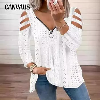 Весенний женский свободный однотонный топ с V-образным вырезом и застежкой-молнией с длинными рукавами S белый