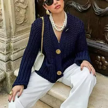 Весенний женский темно-синий вязаный свитер пальто карманы пуговицы женский укороченный кардиган винтажный повседневный стиль XXS белый