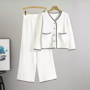 Весенний женский темпераментный модный вязаный джемпер кардиган повседневный комплект из двух предметов one size белый