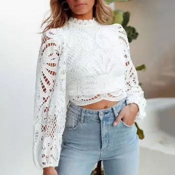 Весенний женский топ, ажурная кружевная однотонная свободная мягкая футболка с длинными рукавами и круглым вырезом в стиле пэчворк, женская футболка для поездок на работу L бежевый