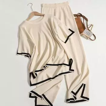 Весенний женский топ с короткими рукавами и эластичной резинкой, широкие брюки, комплект из двух предметов, свободная домашняя одежда, повседневный тонкий комплект с круглым вырезом, лето Fit For 40-70KG хаки